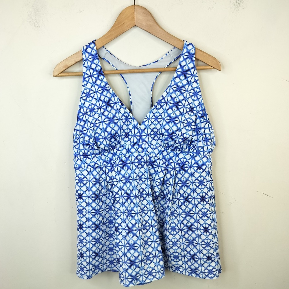 Lands End Tankini Swim Top 14 Soft Cup Racerback Geometric Tie Dye Blue White
